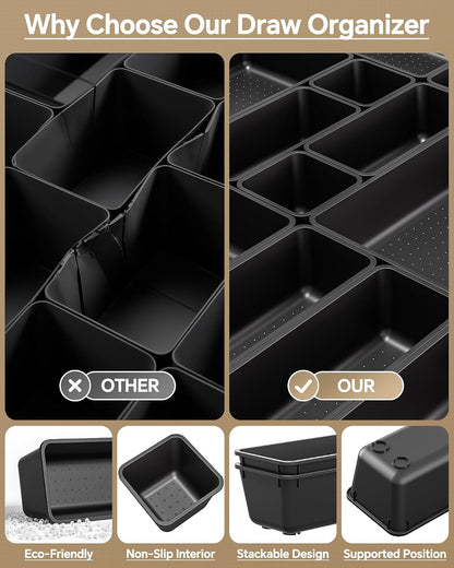 KEMETHY 25 PCS Plastic Drawer Organizers Set, 4 Sizes Vanity Organizer, Makeup and Desk Drawer Organizer Trays, Organization and Storage for Makeup, Bathroom, Kitchen Utensils and Office (Black)