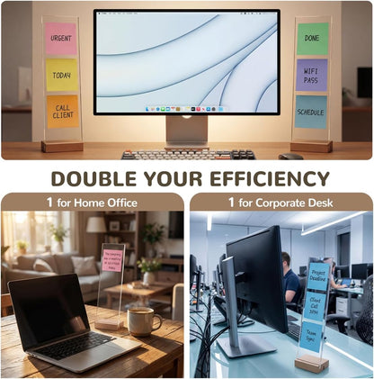 2-Pack Monitor Memo Board & Sticky Note Holder, Freestanding Acrylic Computer Desk Accessories with Wood Base, Zero Adhesive Screen Note Board for Office Organization Decor