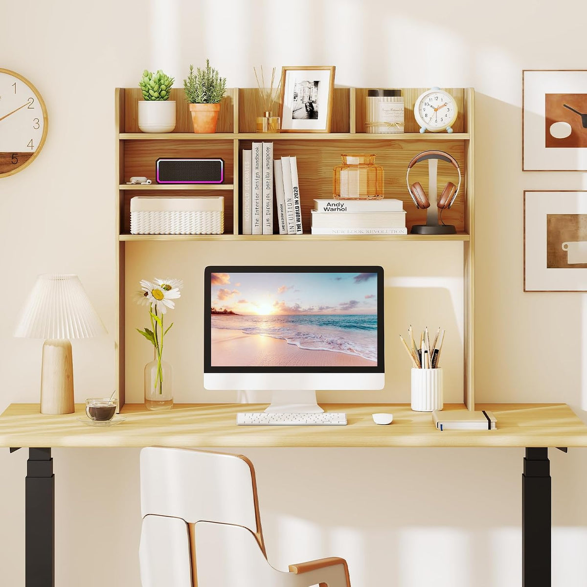 Desktop Bookshelf, Countertop Storage Hutch with 5 Shelves for Computer Desk, Desk 3-Tier Display Rack, Multipurpose Wood Desktop Hutch Storage Organizer for Dorm Office Home
