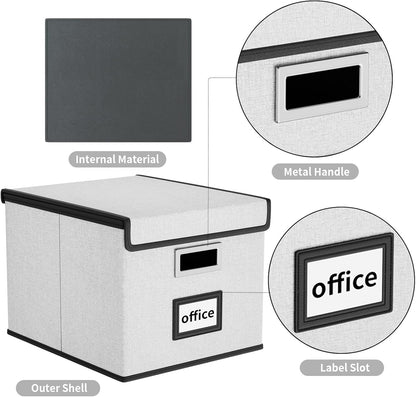 Upgraded Portable File Organizer Box with Lid, Collapsible Linen Hanging Filing Storage Boxes with Plastic Slides, Decorative Home/Office Filing System Box for File and Folders Storage (Gray)