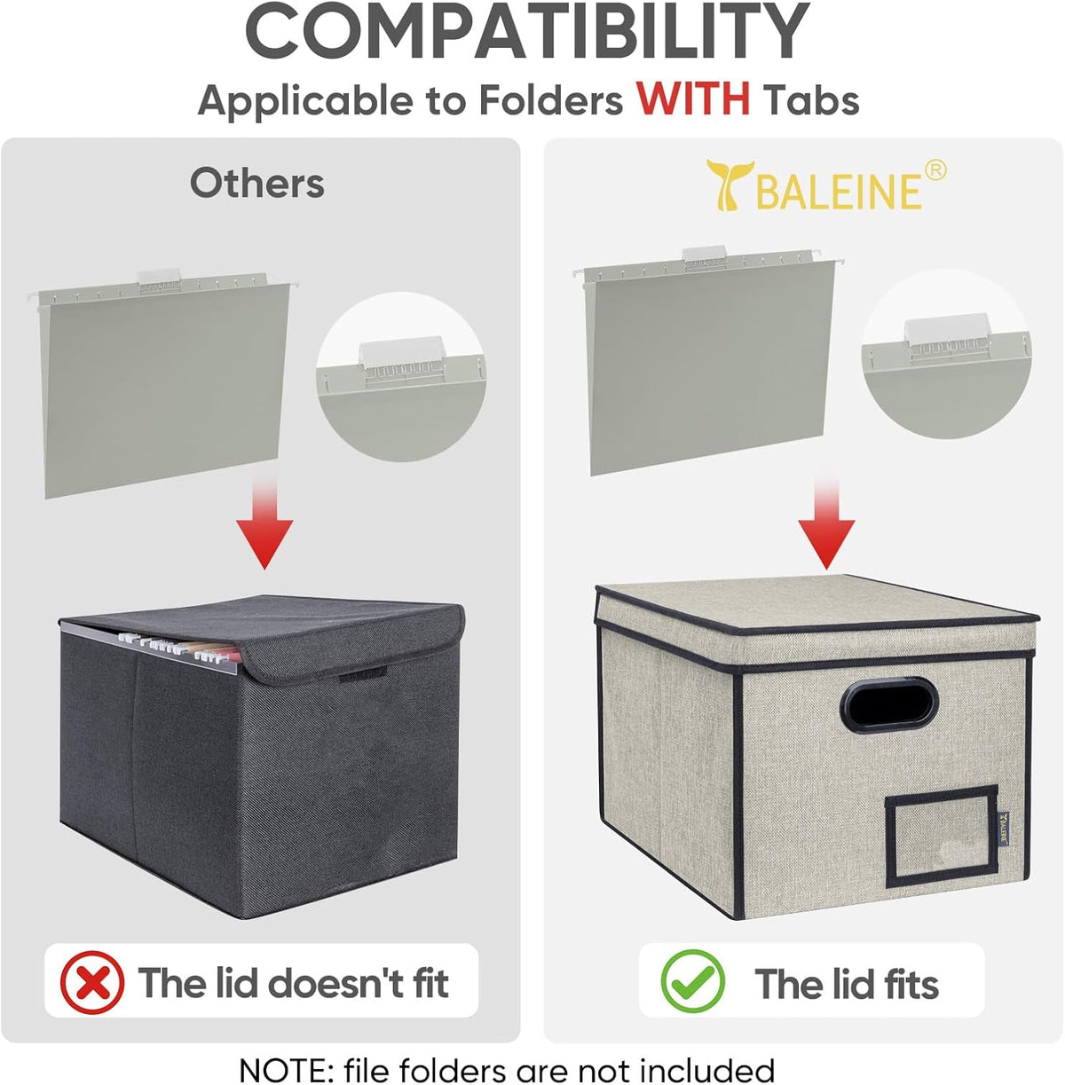 BALEINE File Organizer Box with Lid, Collapsible File Folder Organizer with Plastic Slide, Hanging File Folder Box for Office Document Storage (Black)