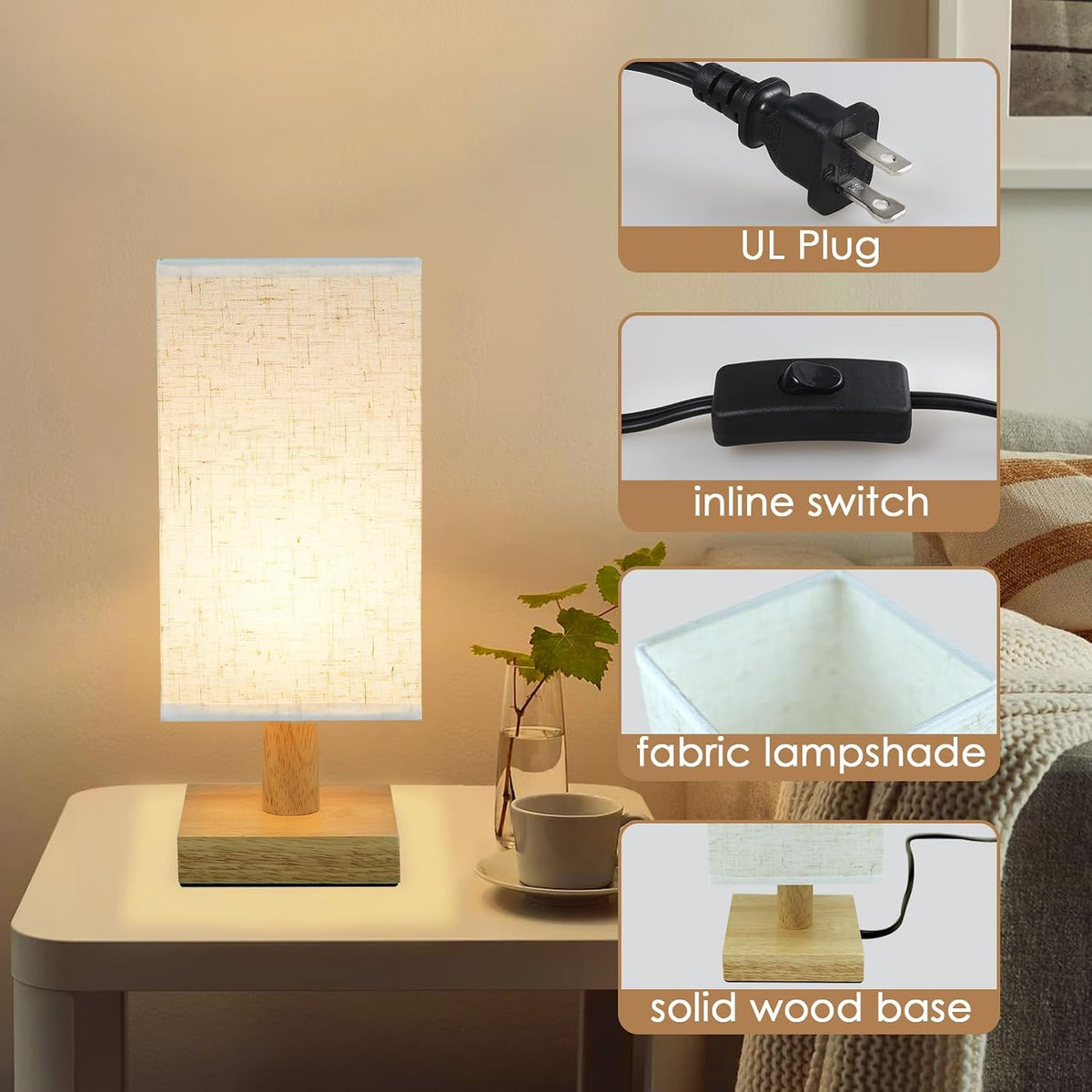 Small Bedside Table Lamp for Bedroom,Natural Round Wood Base&Fabric Linen Shade,Cozy Night Table Light for Study Reading,Minimalist Boho Desk Lamp for Nightstand,Living Room,Nursery,Kitchen,Dorm