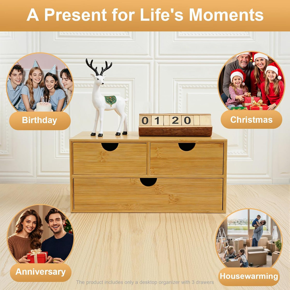 Desk Organizer, Office Vanity Bamboo Desk Organizer, Mini Bamboo Desk Drawer Tabletop Storage Box with 2 Drawer Night Stand Table Organizer for Makeup Vanity Office Supplies (2 Drawer)