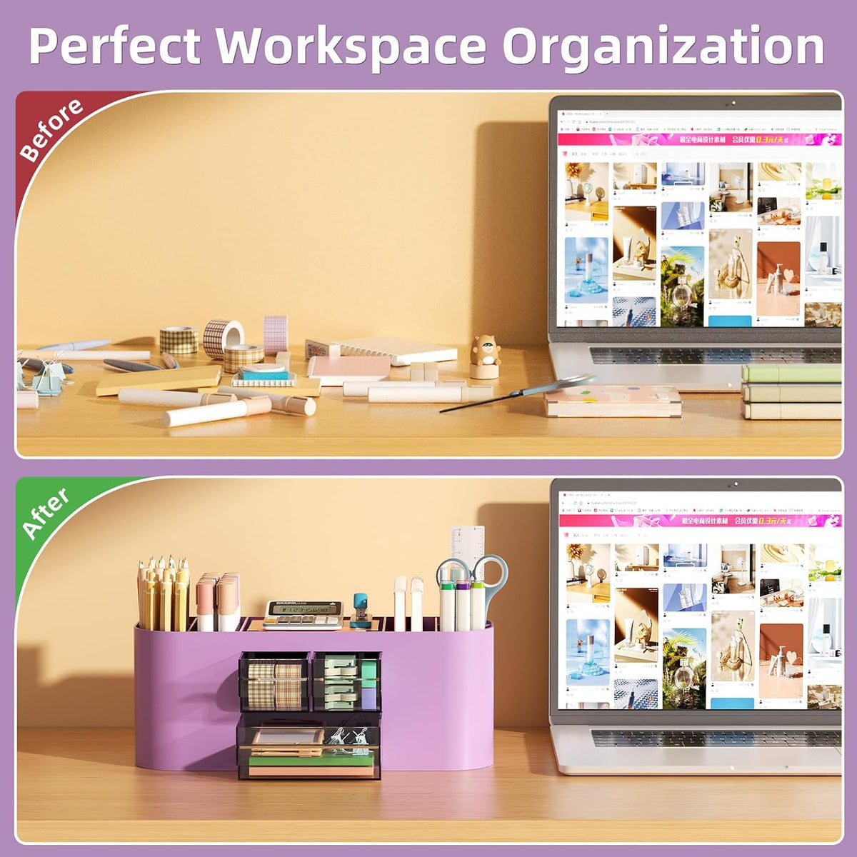 Marbrasse Desk Organizer Pen Holder for Desk with 3 Drawers, Multi-Functional Pencil Holder, Desk Organizers and Accessories with 7 Compartments for Home, School, Classroom(Pink)