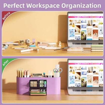 Marbrasse Desk Organizer Pen Holder for Desk with 3 Drawers, Multi-Functional Pencil Holder, Desk Organizers and Accessories with 7 Compartments for Home, School, Classroom(Pink)