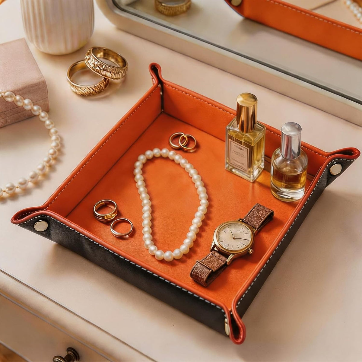 Valet Tray Desktop Storage Organizer – Vegan Leather Catchall Bedside Vanity Tray Nightstand Caddy Holder for Remote Controller, Watch, Keys, Phone, Wallet, Coin, Jewelry (Orange/Black)