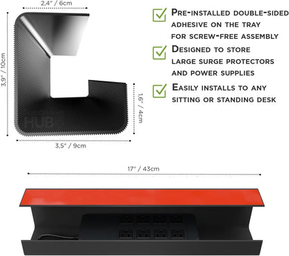 No-Screw Under Desk Cable Management Tray - Self-Adhesive Installation, Cord Management, Cable Tray, Under Desk Wire Organizer - Black Set of 2