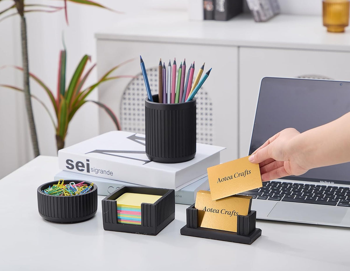 Aotea Crafts Mondern Concrete Paper Clip Holder for Desk- Aesthetic Fluted Paperclip Holder for Desk - Sturdy Minimalist Paper Clip Organizer Dispenser - Large Capacity & Charcoal Black