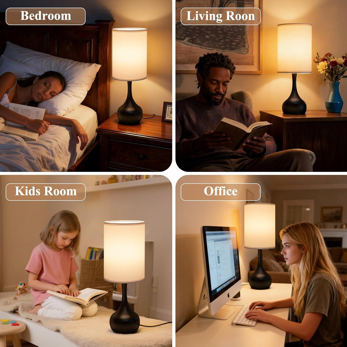 ONEWISH Touch Bedside Lamp for Bedroom, 3-Way Dimmable Farmhouse Table Lamps for Nightstand with Fabric Shade, Desk Lamp for Kids Reading, Home Office