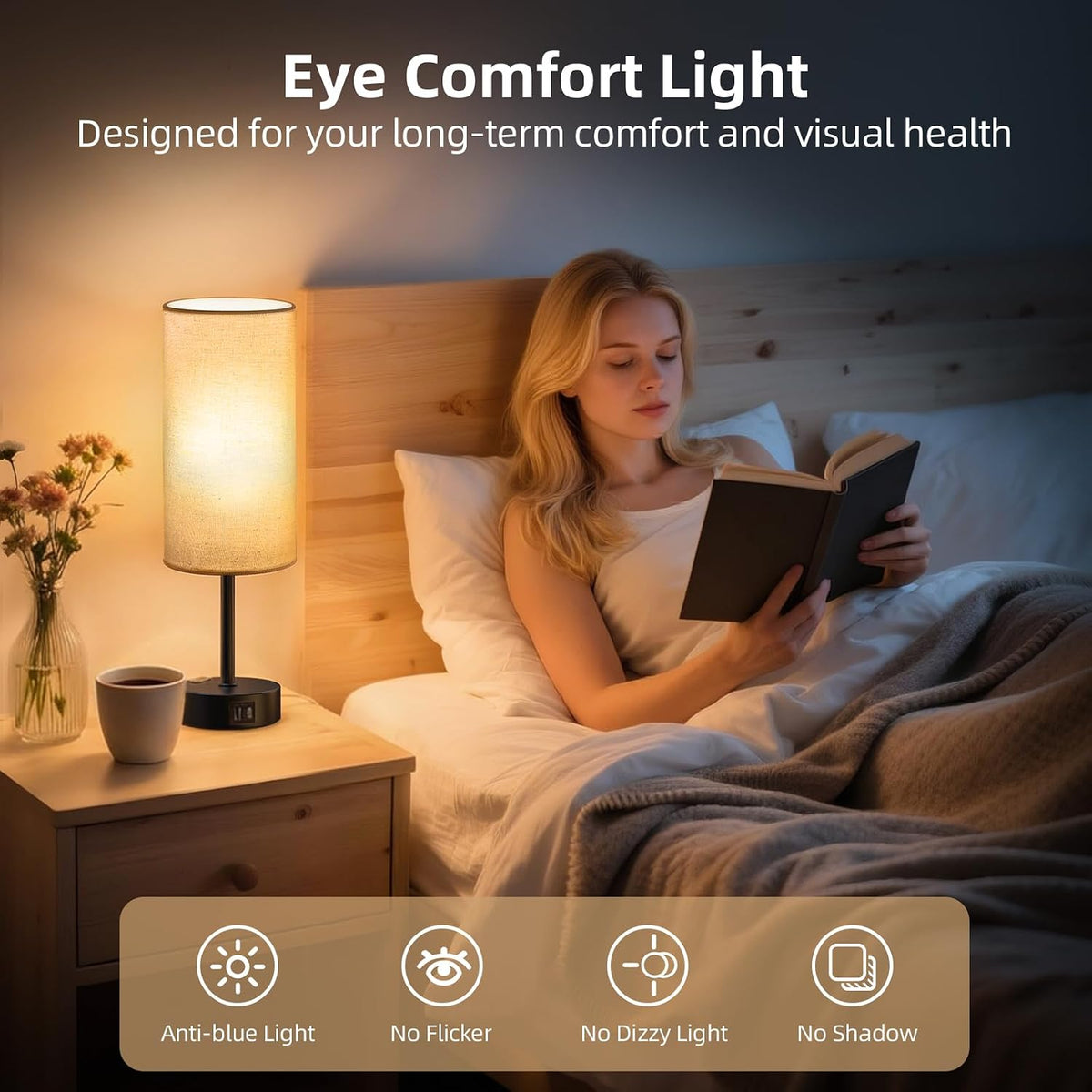 Table Lamp for Nightstand, High-Sensitivity Touch, 3-Level Dimmable Bedside Lamp with AC Outlet | USB | and USB-C, Ideal Night Stand Lamp for Bedroom, Reading, Living Room(Warm&Wooden)
