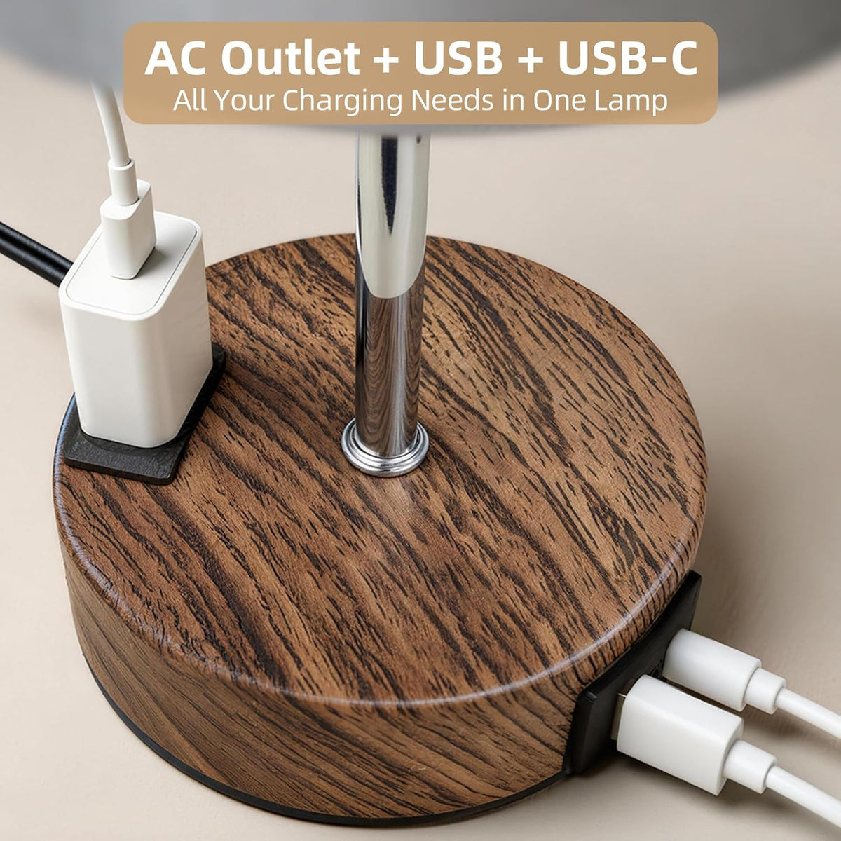 Table Lamp for Nightstand, High-Sensitivity Touch, 3-Level Dimmable Bedside Lamp with AC Outlet | USB | and USB-C, Ideal Night Stand Lamp for Bedroom, Reading, Living Room(Warm&Wooden)