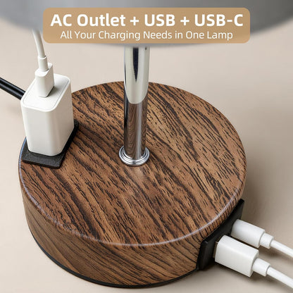 Table Lamp for Nightstand, High-Sensitivity Touch, 3-Level Dimmable Bedside Lamp with AC Outlet | USB | and USB-C, Ideal Night Stand Lamp for Bedroom, Reading, Living Room(Warm&Wooden)