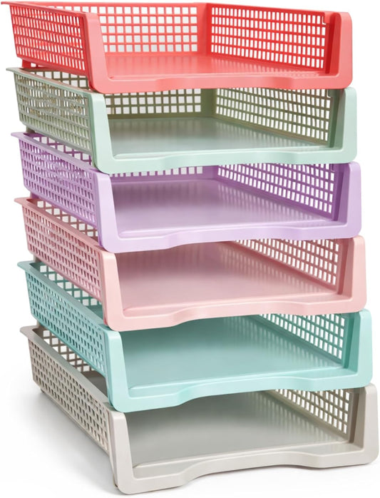 Tenceur 6 Pcs Turn in Trays Classroom, Pastel Paper Tray for Classroom Organization and Storage Stackable Plastic Book Baskets Teacher Organizers for Library Drawers Office Desk