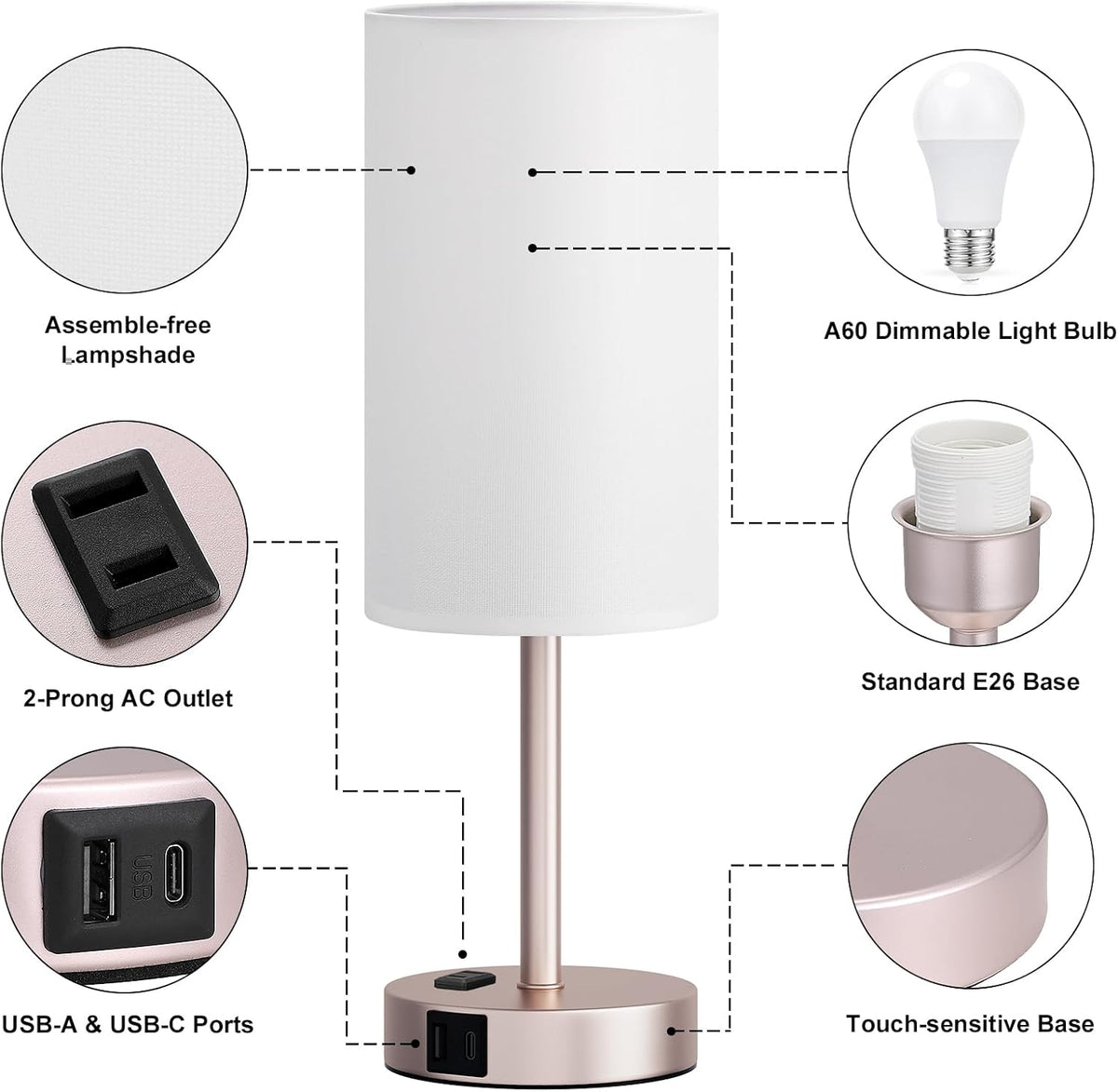 Fenmzee Bedside Table Lamp for Bedroom - Dimmable Touch, USB A+C, AC Outlet