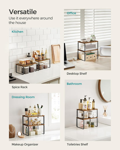 SONGMICS Cabinet Organizer Shelf, Set of 4 Kitchen Counter Shelves, Kitchen Storage, Spice Rack, Stackable, Expandable, Metal and Engineered Wood, Cloud White and Natural Beige UKCS010N01