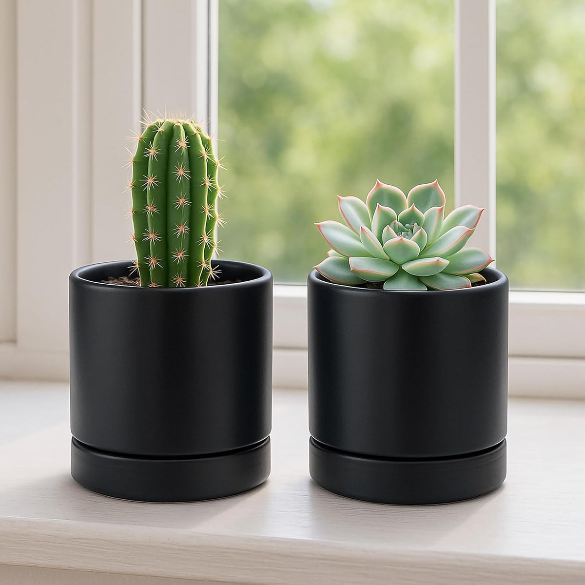 D'vine Dev 4.7 Inch Ceramic Planter Pot with Drainage Hole and Saucer, Indoor Cylinder Round Planter Pot, Teal, 94-O-B-9