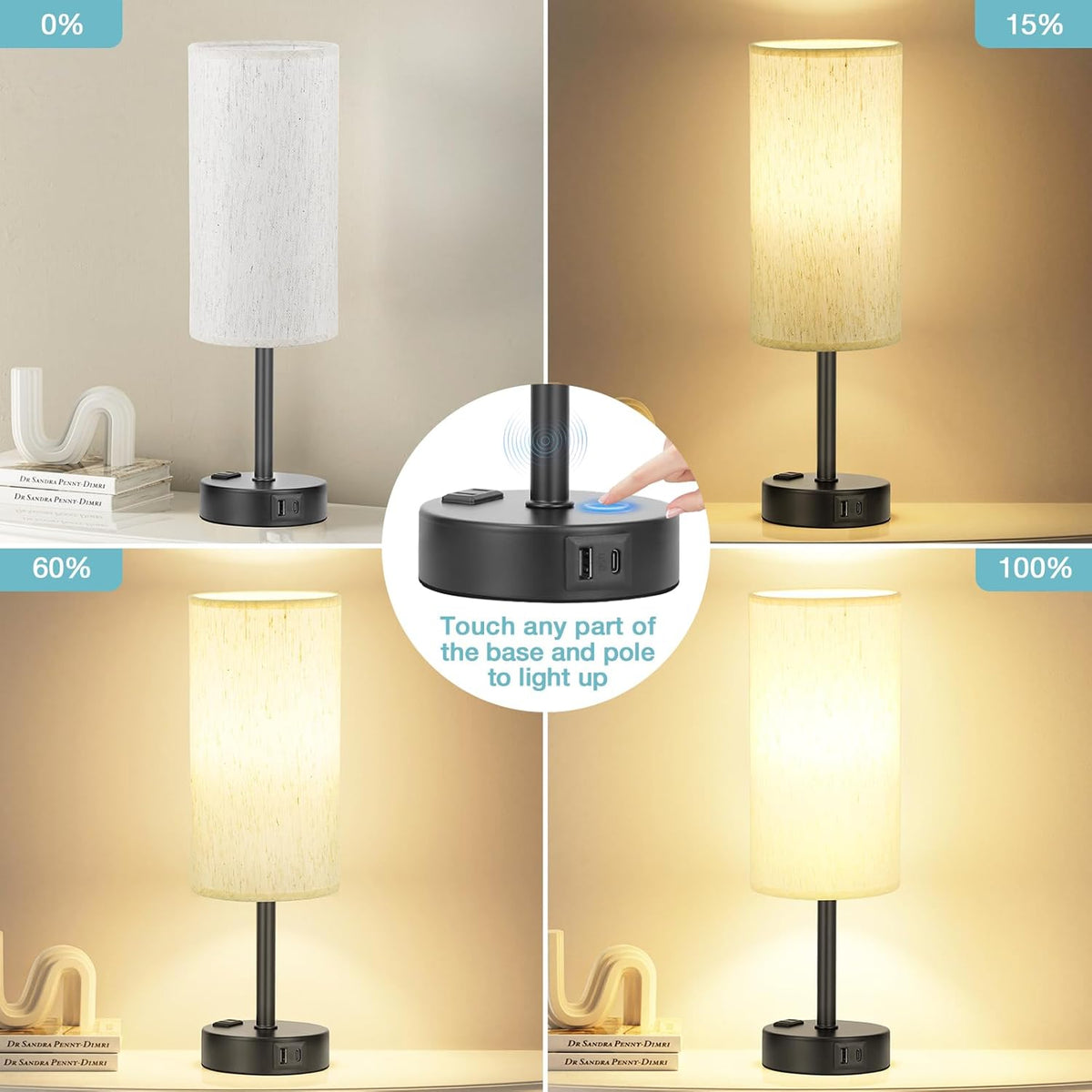 Fenmzee Bedside Table Lamp for Bedroom - Dimmable Touch, USB A+C, AC Outlet