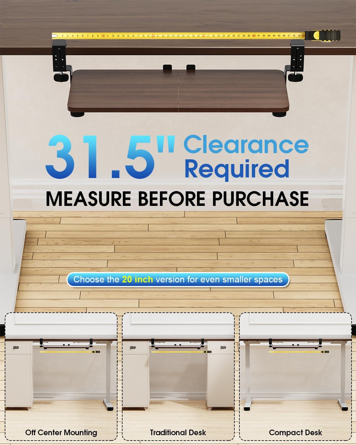 Small Keyboard Tray Under Desk, Pull Out Keyboard & Mouse Tray with Adjustable C-clamp, 20(25.9 Including Clamps) x 11.8 Inch Slide Out Computer Keyboard Drawer Mouse Tray for Typing, Walnut