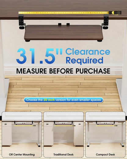 Small Keyboard Tray Under Desk, Pull Out Keyboard & Mouse Tray with Adjustable C-clamp, 20(25.9 Including Clamps) x 11.8 Inch Slide Out Computer Keyboard Drawer Mouse Tray for Typing, Walnut