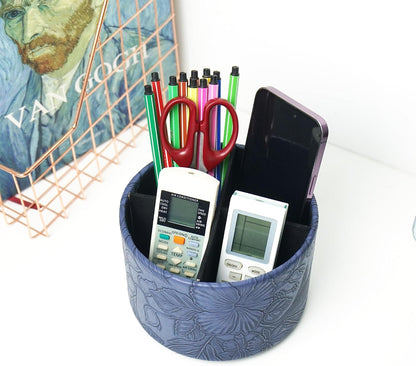 Round Leather Art Supply Organizer,Remote Control Holder,360 Degree Rotating,Multi-Functional Pencil Holder,4 Compartments Desktop Stationary Organizer(1-Blue Bird) - Colors C