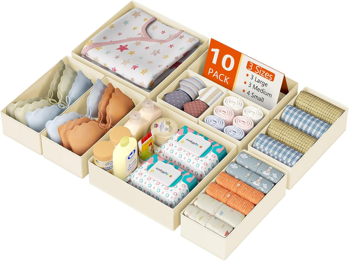 Drawer Organizer Clothes, Dresser Organizer, Foldable Closet Organizers and Storage, Fabric Dresser Bins, Drawer Dividers for Nursery, Baby Clothes, Underwears, Sock (Beige)