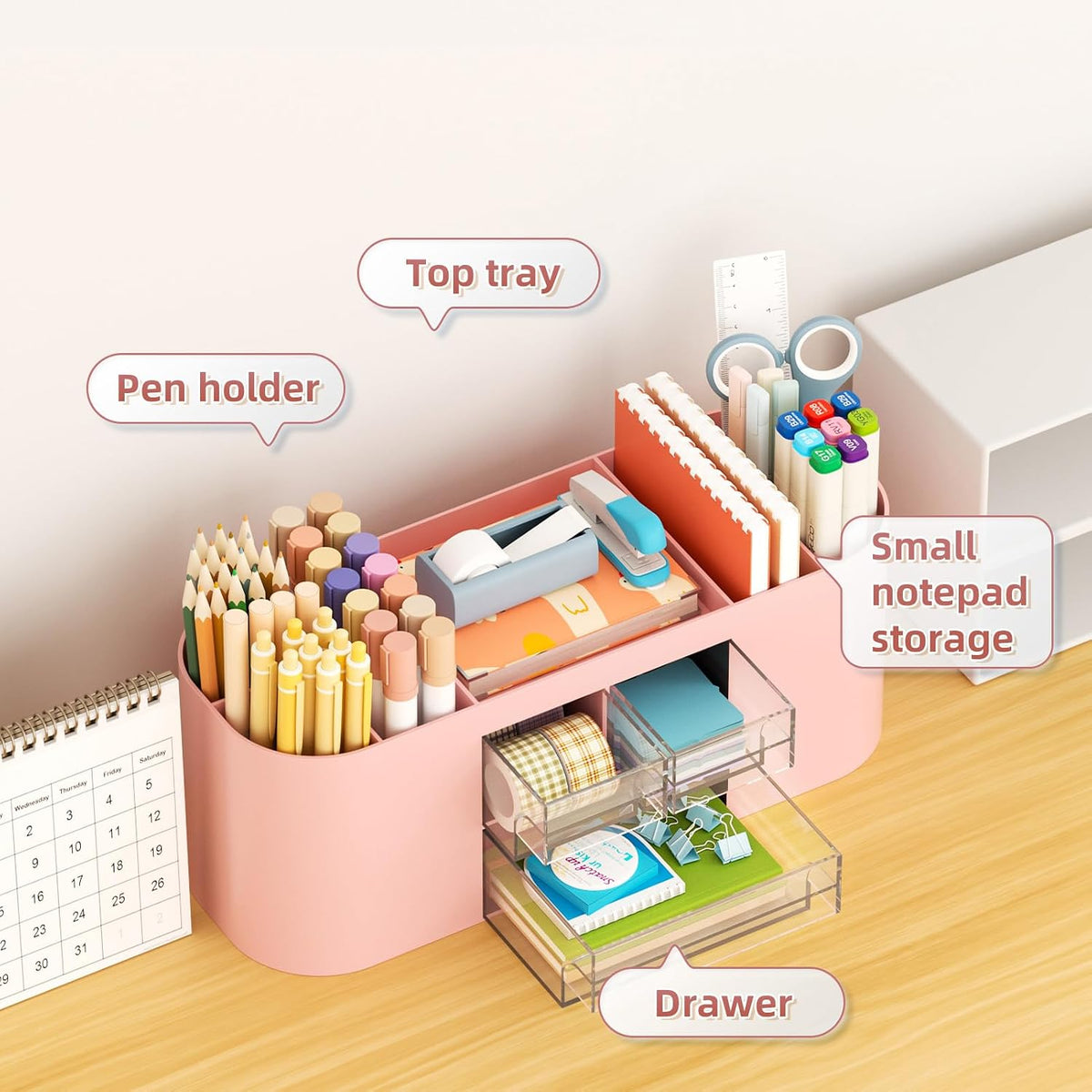 Marbrasse Desk Organizer Pen Holder for Desk with 3 Drawers, Multi-Functional Pencil Holder, Desk Organizers and Accessories with 7 Compartments for Home, School, Classroom(Pink)