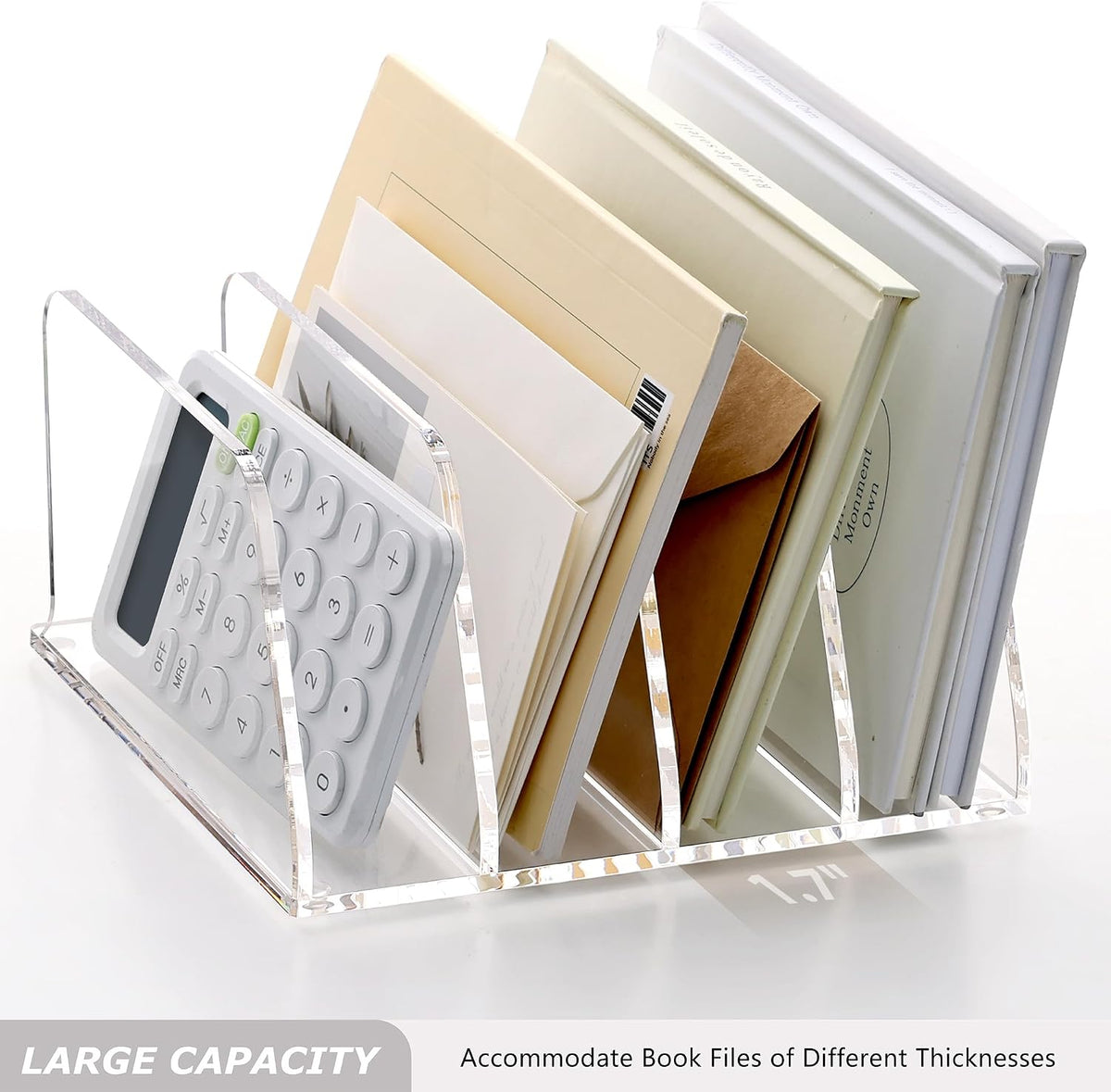 SANRUI Acrylic Mail Sorter Desktop Organizer Holder with Drawer, 5 Compartments Clear Small File Script Letter Document Storage for Desk Bill Filling Envelope Holder Office, Home, School Organization