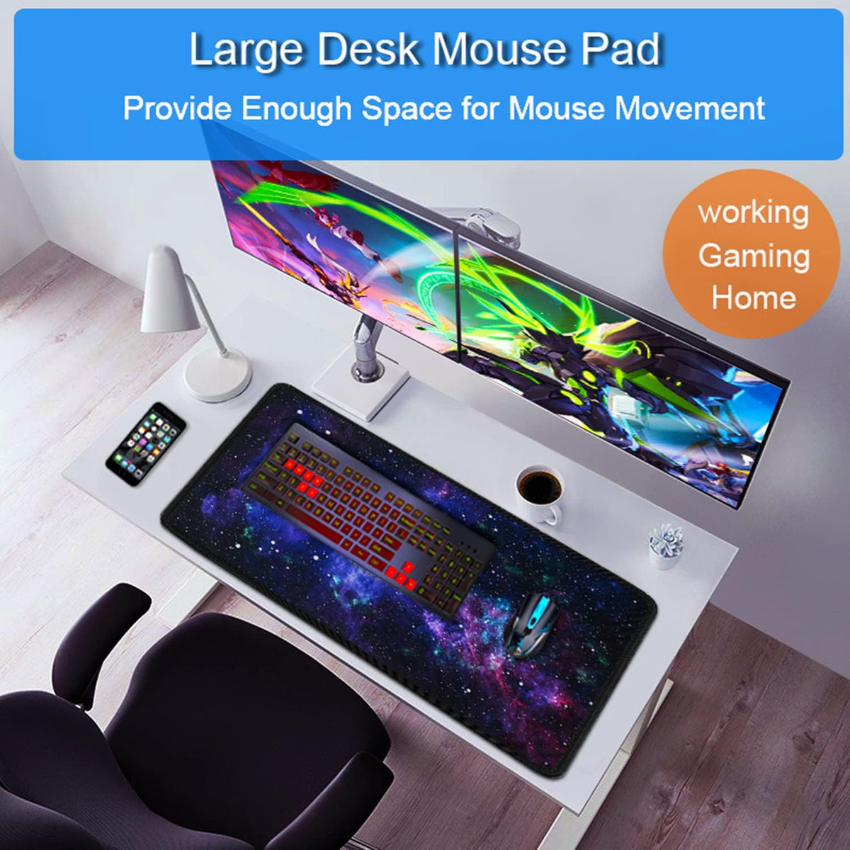 Large Gaming Mouse Pad, 31.5x15.7 inch Large Extended Computer Keyboard Mouse Mat, Water Resist Non-Slip Mousepad Rubber Base Long XXL Desk Mouse Pad for Work & Gaming, Office & Home, Black