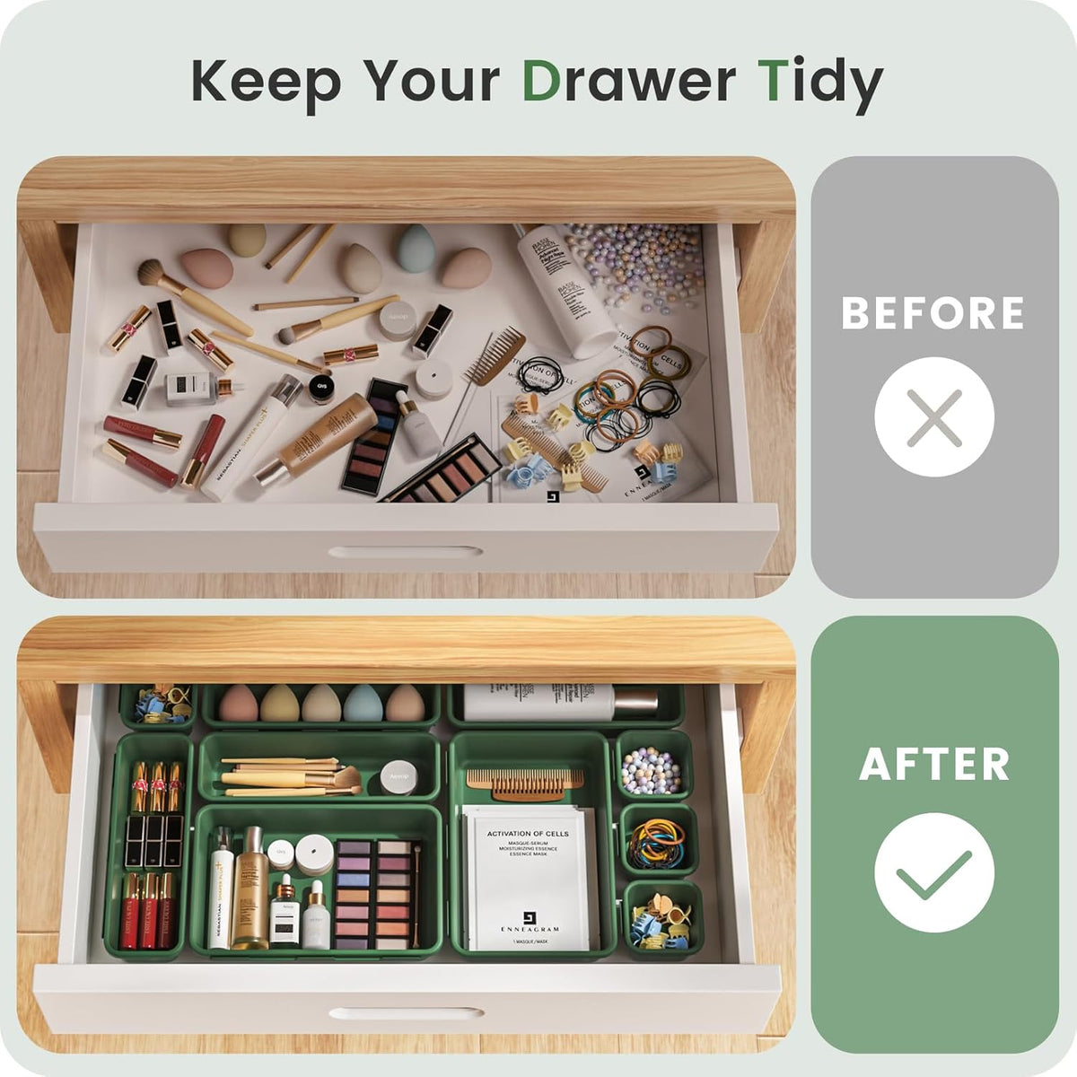 A-LuGei 【Military Grade】 Drawer Organizer, 【𝟱𝗦𝗶𝘇𝗲】 Makeup organizer, 【Holds 177 Items】 Bathroom Organizers and Storage, Organization and Storage, Desk Drawer Organizer for Vanity (Clear)