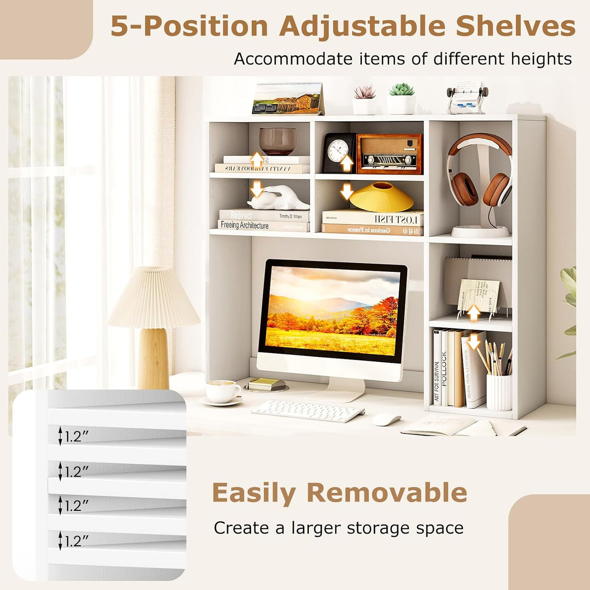 Desktop Bookshelf, Countertop Storage Hutch with 5 Shelves for Computer Desk, Desk 3-Tier Display Rack, Multipurpose Wood Desktop Hutch Storage Organizer for Dorm Office Home