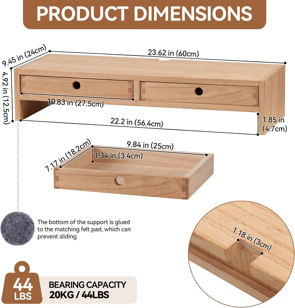 KIRIGEN Wood Monitor Stand with 2 Drawers, Solid Wood Computer Monitor Riser for Desk, Desktop Organizer Shelf with Cable Management, Pen Slots, Brown, No Assembly PMJ-DBR