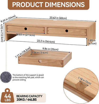 KIRIGEN Wood Monitor Stand with 2 Drawers, Solid Wood Computer Monitor Riser for Desk, Desktop Organizer Shelf with Cable Management, Pen Slots, Brown, No Assembly PMJ-DBR
