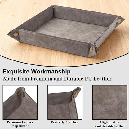 Valet Tray Desktop Storage Organizer – Premium PU Leather Catchall Bedside Vanity Tray Nightstand Caddy Holder for Remote Controller, Keys, Phone, Wallet, Coin, Jewelry,Brown