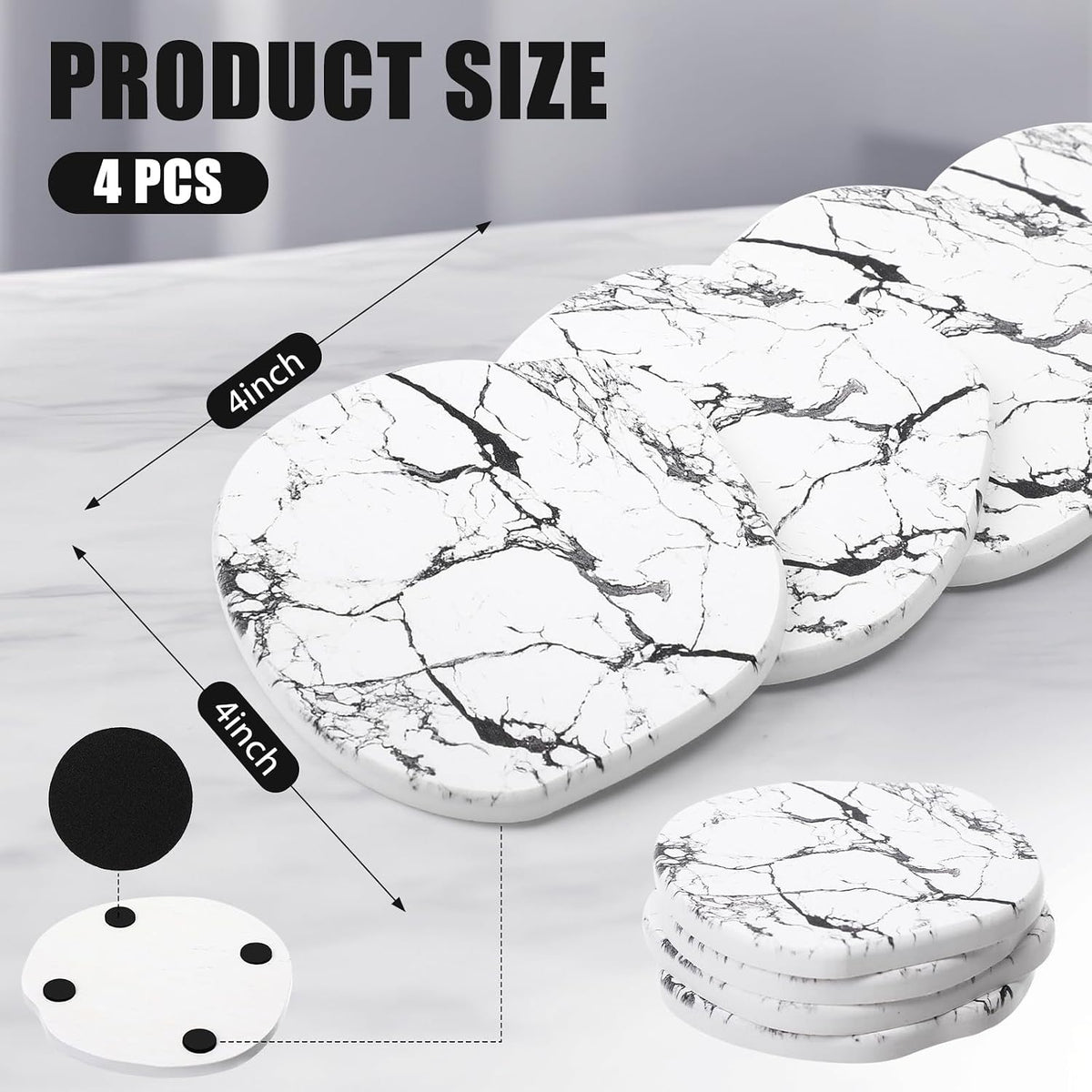 Diatomaceous Earth Coasters Set of 4，Cool Absorbent Quick-Dry Drink Coasters for Desks, Cute Modern Stone Design with Stylish White Aesthetic (4, White)
