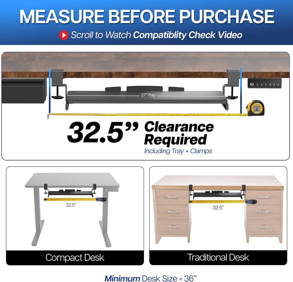 VIVO Extra Long Clamp-on Computer Keyboard and Mouse Under Desk Slider Tray, 34 x 11 inch Pull Out Platform Drawer, Black, MOUNT-KB15EB