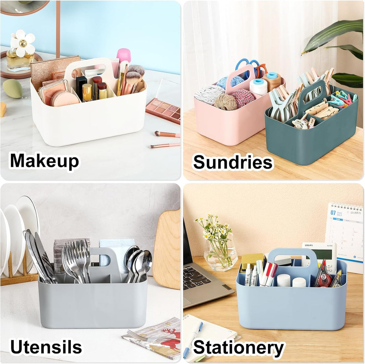 Multiuse Caddy Organizer with Handle, Portable Divided Plastic Tote Bin - Art Craft, Stationary Pen Marker Crayons, Makeup Hair Supplies Storage - Bathroom, Classroom, Dorm, Office, Desk Holder -Black