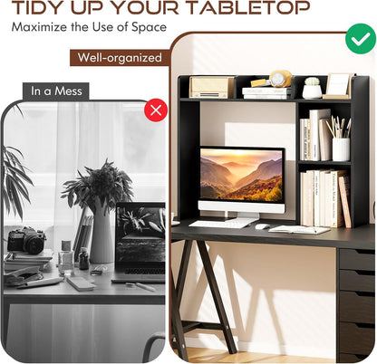 Desktop Bookshelf, Countertop Storage Hutch with 5 Shelves for Computer Desk, Desk 3-Tier Display Rack, Multipurpose Wood Desktop Hutch Storage Organizer for Dorm Office Home
