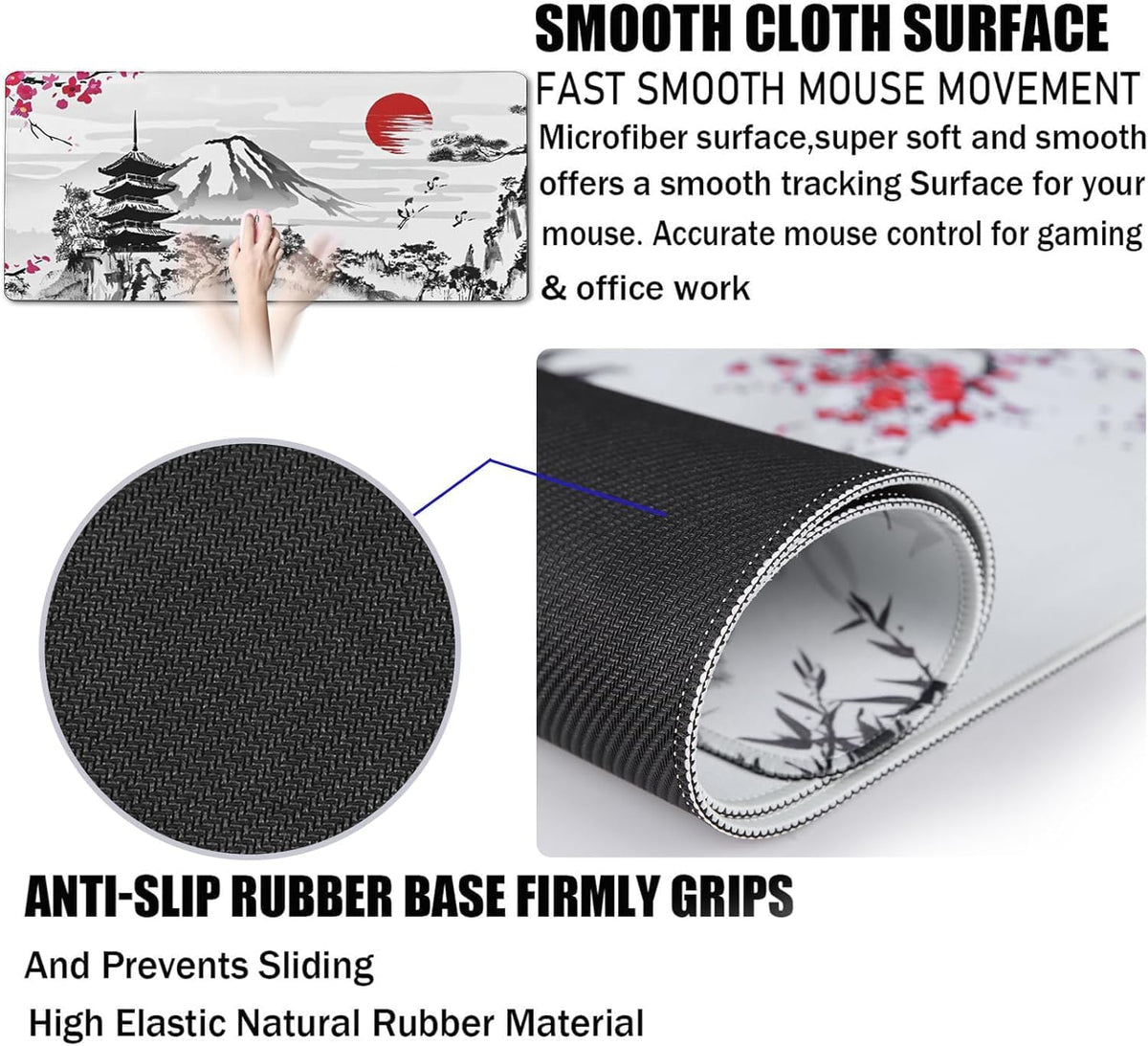 31.5" x 15.7" Waterproof Fabric Desk Pad, Rubber Anti-Slip Base, Stitched Edges No Curling, Fits Laptop Keyboard and Mouse, Smooth Office Mat Large Mouse Pad for Work Game, Black