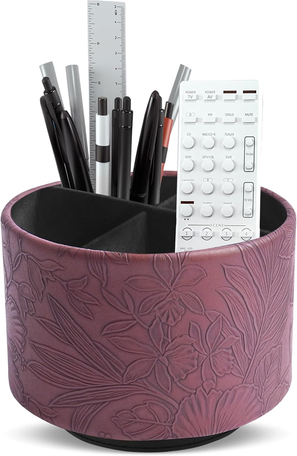 Round Leather Art Supply Organizer,Remote Control Holder,360 Degree Rotating,Multi-Functional Pencil Holder,4 Compartments Desktop Stationary Organizer(1-Blue Bird) - Colors C