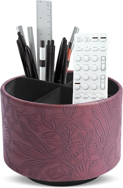 Round Leather Art Supply Organizer,Remote Control Holder,360 Degree Rotating,Multi-Functional Pencil Holder,4 Compartments Desktop Stationary Organizer(1-Blue Bird) - Colors C