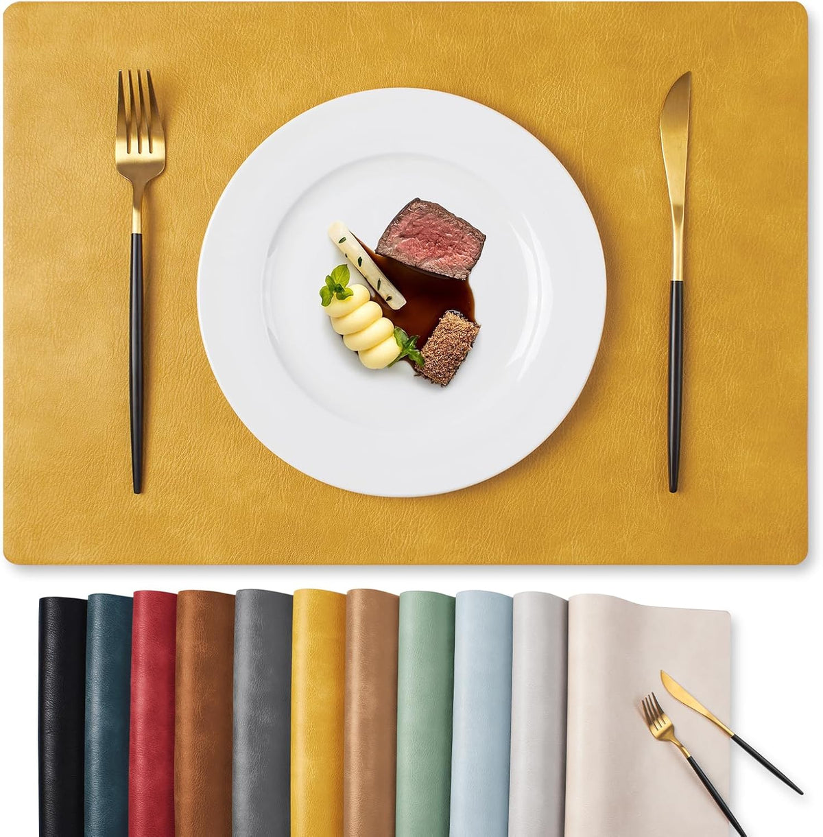 MOSAYT Vinyl Placemats Set of 6-12 X 17 Inch - Faux Leather 100% Waterproof Oil-Proof Wipeable PU Place Mats, Heat Resistant Reversible Table Mats for Kitchen, Dining, Outdoor, Reddish Brown