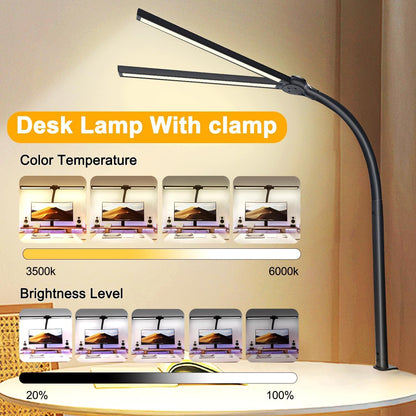 LED Desk Lamp with Clamp & Flexible Arm - 3 Light Sources, 4 Color Modes & 5 Brightness Levels, Eye-Caring Table Light with Memory Function