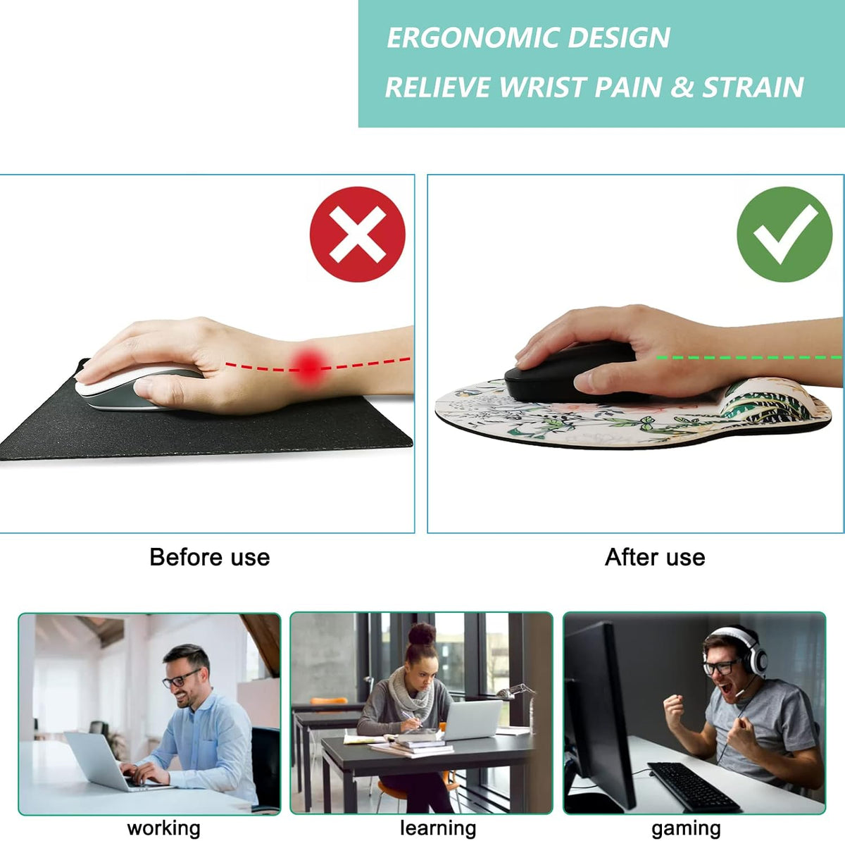 Mouse Pad with Wrist Support, Ergonomic Mouse Pad with Memory Foam Wrist Rest Cushion, Non-Slip Rubber Base Gaming Mice Pad for Home Office Computer Laptop, Flower Black