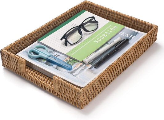 Rattan Letter Tray, Wicker Desk Tray, Woven Desk Organizer, A4 Paper, Document, File, Mail, Magazine Storage Basket for Office, Classroom, Home Desktop
