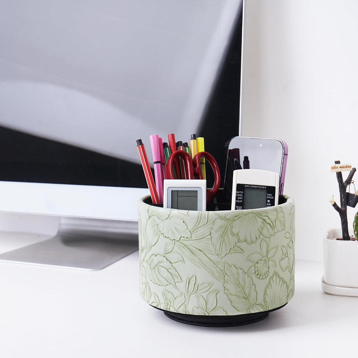 Round Leather Art Supply Organizer,Remote Control Holder,360 Degree Rotating,Multi-Functional Pencil Holder,4 Compartments Desktop Stationary Organizer(1-Blue Bird) - Colors B