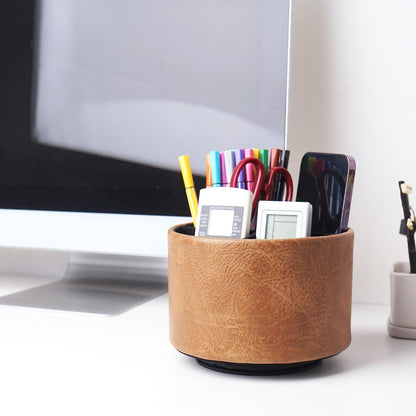 Round Leather Art Supply Organizer,Remote Control Holder,360 Degree Rotating,Multi-Functional Pencil Holder,4 Compartments Desktop Stationary Organizer(1-Blue Bird) - Colors C