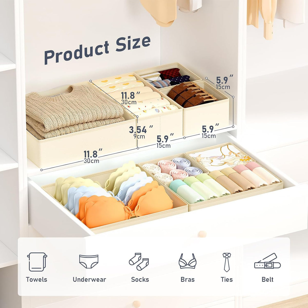Drawer Organizer Clothes, Dresser Organizer, Foldable Closet Organizers and Storage, Fabric Dresser Bins, Drawer Dividers for Nursery, Baby Clothes, Underwears, Sock (Beige)