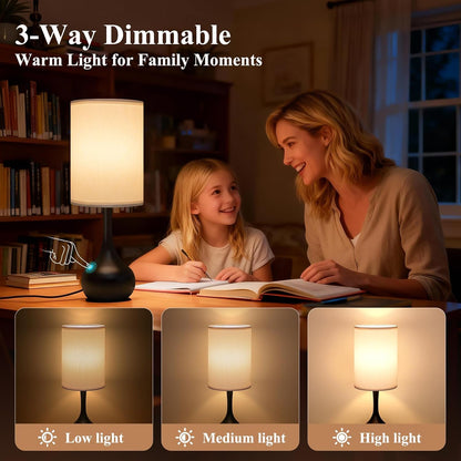 ONEWISH Touch Bedside Lamp for Bedroom, 3-Way Dimmable Farmhouse Table Lamps for Nightstand with Fabric Shade, Desk Lamp for Kids Reading, Home Office