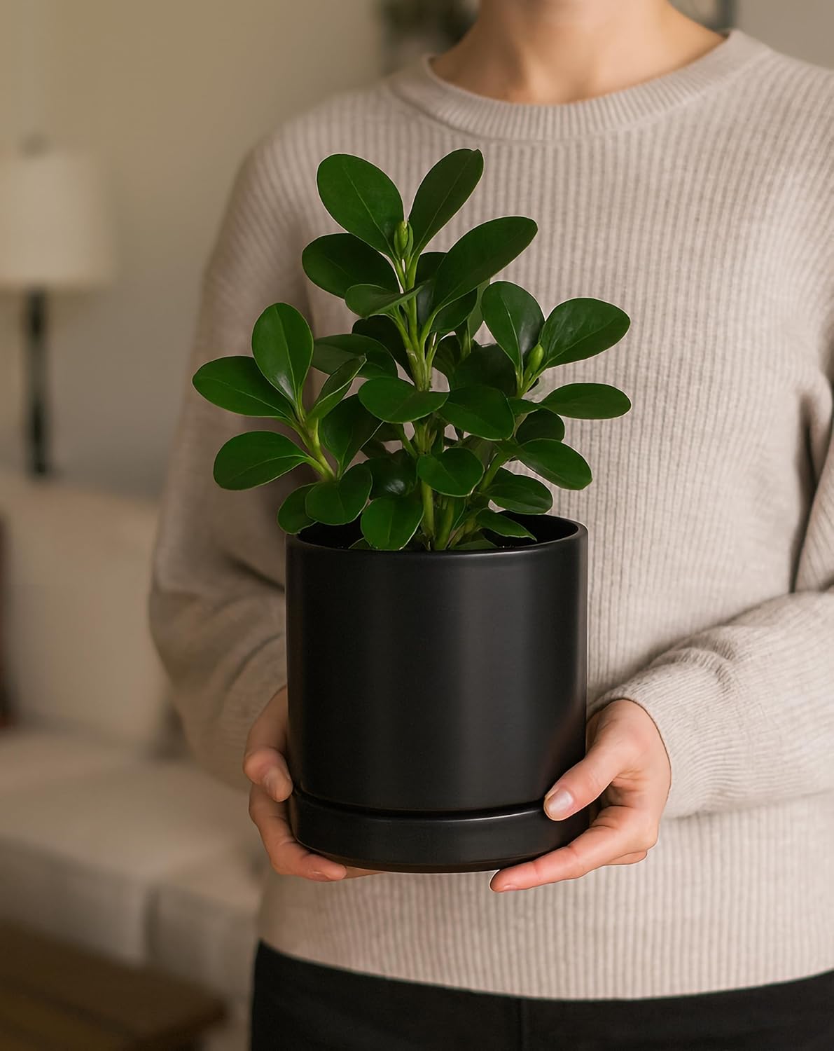 D'vine Dev 4.7 Inch Ceramic Planter Pot with Drainage Hole and Saucer, Indoor Cylinder Round Planter Pot, Teal, 94-O-B-9