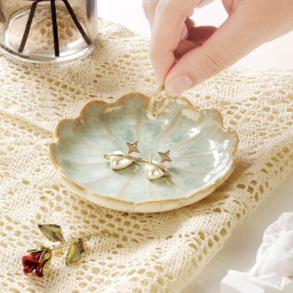 Ring Dish, Kiln Glaze Jewelry Trinket Tray, Gifts for Women I Lotus Leaf Necklace Earrings Holder on Nightstand Bathroom, Ceramic Cute Key Bowl, White. All Jewelries Are NOT Included.